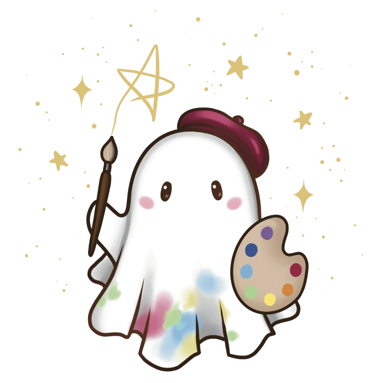 Handgezeichneter Artist Ghost mit Pinsel, Farbpalette und goldenen Sternen