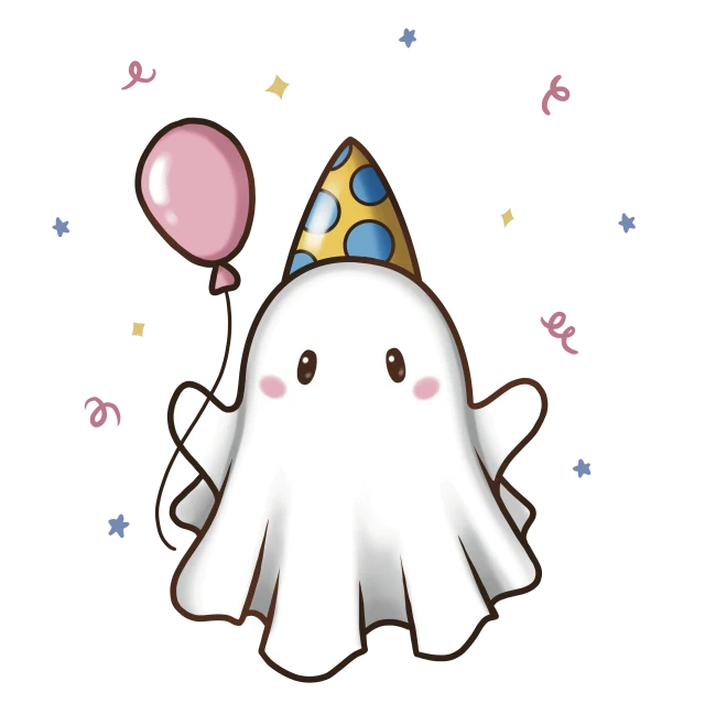 Iris’ handgezeichneter Party-Ghost mit Ballon und Konfetti