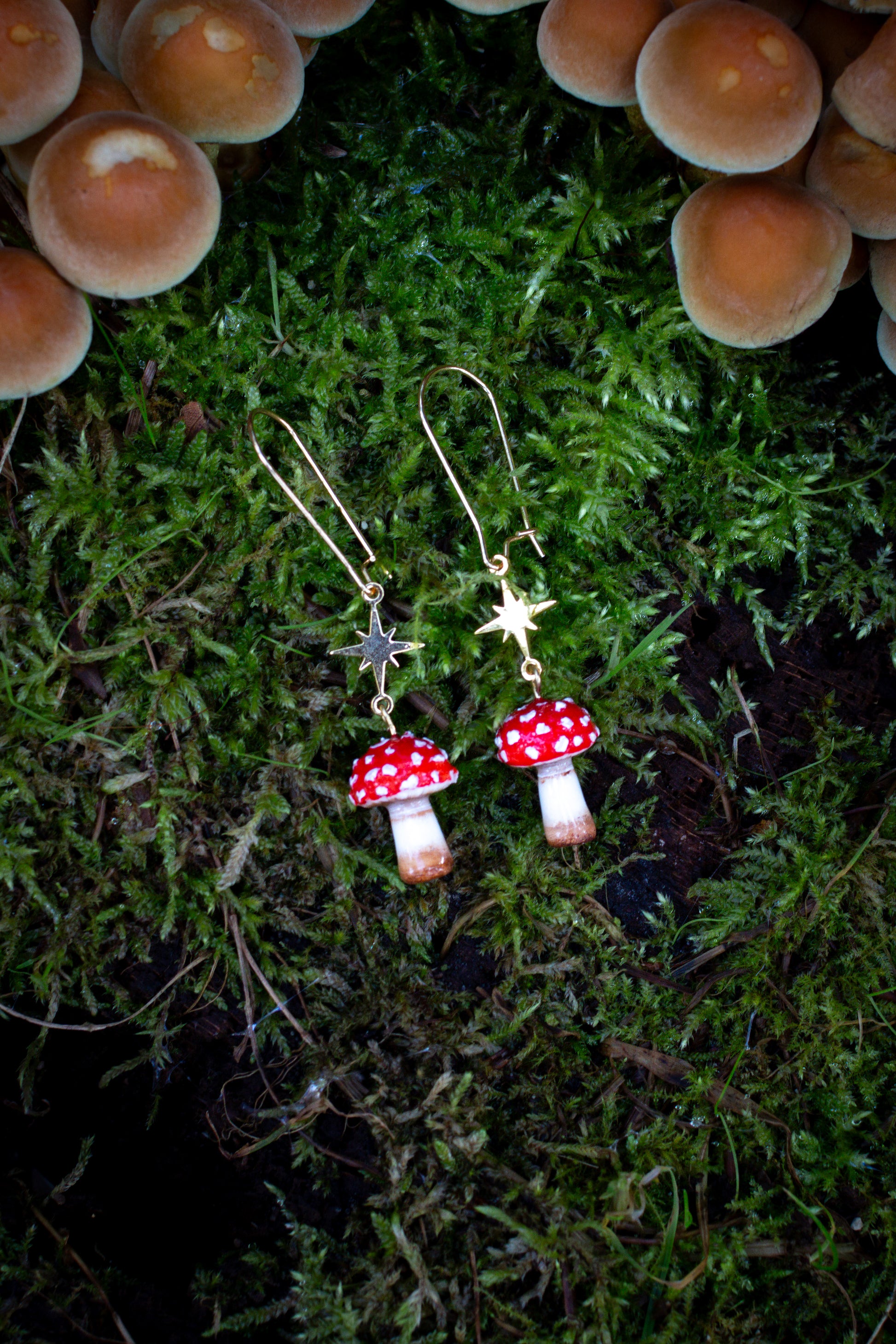 Sparkly Amanita Muscaria Gold Earrings