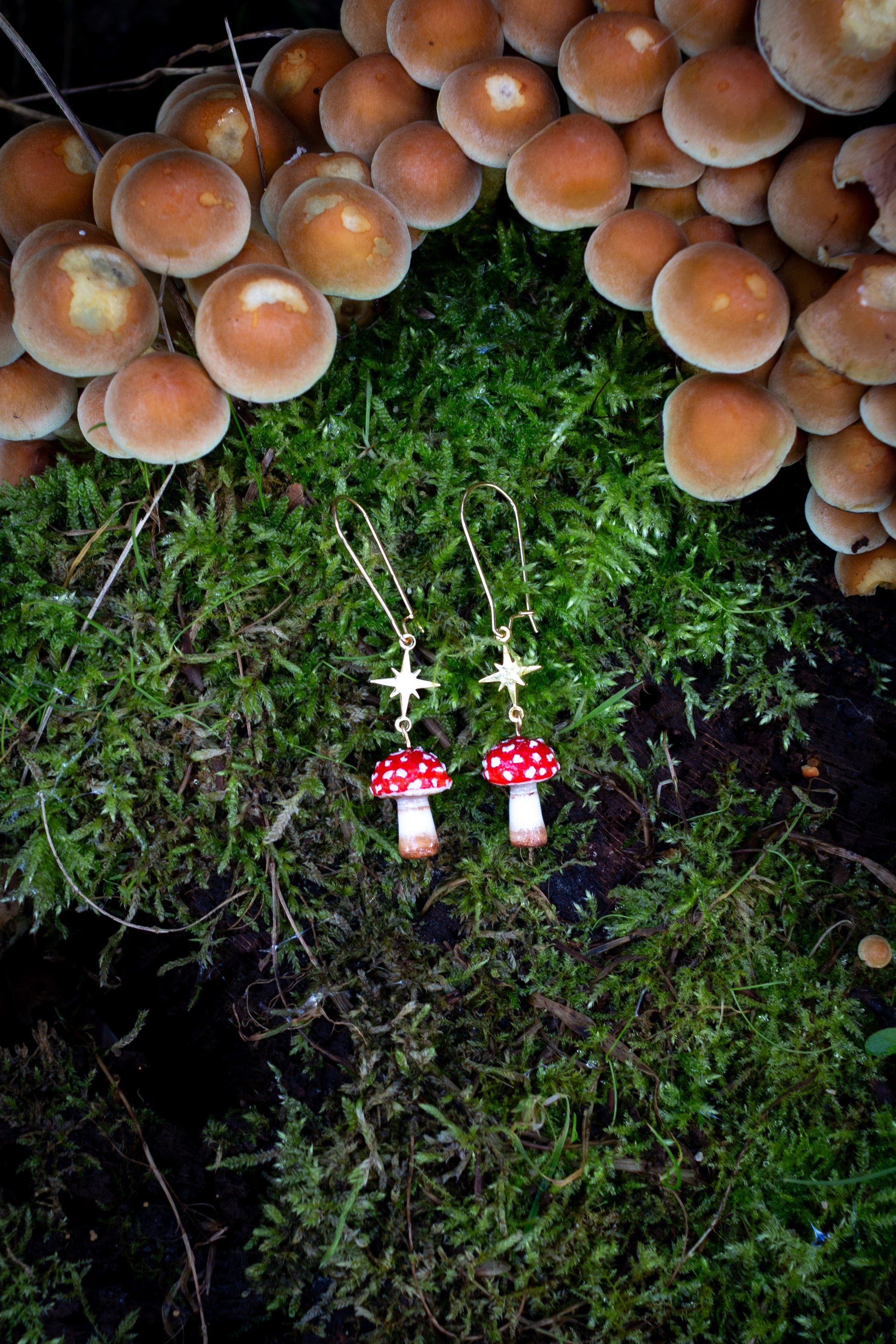 Sparkly Amanita Muscaria Gold Earrings