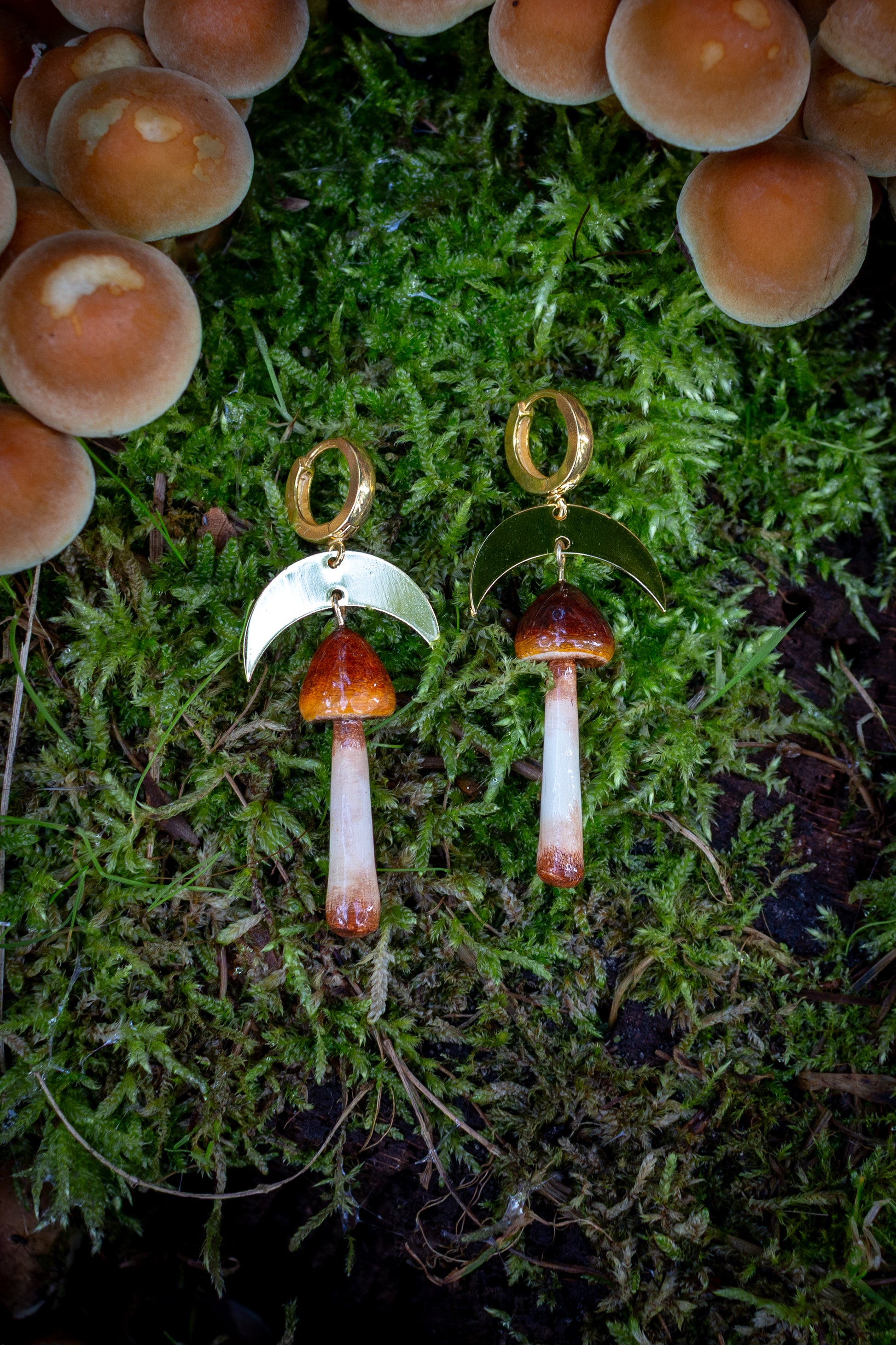 Crescent Moon Magic Mushroom Earings (Psilocybe Semilanceata)